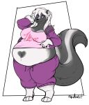  &lt;3 anthro big_breasts bottomwear breasts cleavage clothed clothing female hoodie jacket jessica_(coaster14) mammal mephitid midriff navel obese obese_anthro obese_female overweight overweight_anthro overweight_female pants skunk squidbiscuit sweatsuit topwear wide_hips 