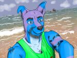  4:3 beach big_(disambiguation) boat canid canine canis clothed clothing domestic_dog fur hi_res humanoid male mammal phanterbull poochybig sea seaside selfie shirt solo tank_top topwear vehicle water watercraft white_body white_fur 