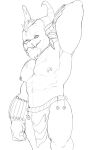  2021 anthro big_abs big_muscles big_quads black_and_white bottomwear bristol charr chin_tuft claws closed_smile clothed clothing digital_drawing_(artwork) digital_media_(artwork) facial_tuft felid guild_wars hand_behind_head head_tuft hi_res horn huge_pecs humanoid_hands loincloth looking_down_at_viewer male male_anthro mammal manly monochrome muscular muscular_anthro muscular_male navel nipple_piercing nipple_ring nipples piercing portrait pose pseudo_hair serratus sharp_teeth simple_background skimpy solo standing teeth three-quarter_portrait three-quarter_view topless topless_anthro topless_male tuft video_games white_background 