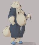  anthro belly beverage canid canine canis clothing coffee domestic_dog exposed_chest hi_res male mammal minedoo moobs navel nipples nordic_sled_dog overweight overweight_male samoyed solo spitz tired 