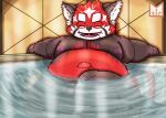  2021 ailurid anthro balls bathing belly black_body cute_fangs eyes_closed flaccid genitals hi_res humanoid_genitalia humanoid_penis lifewonders male mammal moobs navel nipples overweight overweight_male penis red_body red_panda red_panda_mirr sitting solo tokyo_afterschool_summoners video_games water young zhurong_(tas) 