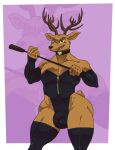  2020 2021 a-side anthro antlers armwear beastars brown_body brown_eyes brown_fur bulge cervid cervine clothed clothing crossdressing elbow_gloves fur genital_outline gloves handwear hi_res horn legwear looking_at_viewer louis_(beastars) male mammal muscular muscular_anthro muscular_male penis_outline red_deer riding_crop rubber rubber_clothing rubber_suit seductive solo thick_thighs thigh_highs whip 