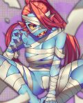  4:5 animal_humanoid blue_body blue_skin breasts colored_fingernails colored_nails female fingernails fish fish_humanoid hair hi_res humanoid marine marine_humanoid mummy_costume mummy_wrappings nails navel pugthe2ro red_hair sitting solo spread_legs spreading undertale undertale_(series) undyne video_games yellow_sclera 