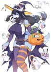  accessory anthro armwear belt big_breasts black_hair blue_body blue_fur breasts bucket canid canine canis clothing container costume countershading english_text female fur gesture ghost hair hair_accessory hair_tie hi_res japanese_text kemono knock-kneed legwear long_hair looking_down magic_user mammal mismatched_legwear moon_symbol pattern_clothing pattern_legwear pointing purple_armwear purple_clothing purple_eyes side_boob simple_background slit_dress solo spirit standing striped_clothing striped_legwear stripes text thigh_highs white_background white_body white_countershading witch witch_costume wolf yamame513 