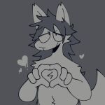  &lt;3 1:1 ambiguous_gender anthro belly_tuft canid canine chipped_ear clothed clothing fox gesture greyscale hair hand_heart mammal messy_hair monochrome shoulder_tuft sog_(squishy) solo squishy_(artist) topless tuft 
