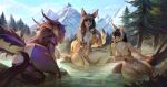  2021 5_fingers anthro areola bethesda_softworks bonifasko breasts canid canine casual_nudity convenient_censorship digital_media_(artwork) dragon ear_piercing ear_ring feather_earring female fingers group mammal nude partially_submerged piercing skinny_dipping skyrim smile the_elder_scrolls trio video_games water wingless_dragon 