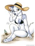  2021 anthro beach bikini black_nose blue_markings breasts canid canine canis cleavage clothed clothing female fur hat headgear headwear kyra_(whitepaw94) looking_at_viewer mammal markings michele_light navel seaside soda_bottle solo swimwear white_body white_fur wolf yellow_eyes 