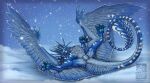  2021 blue_body blue_feathers blue_fur digital_media_(artwork) dragon english_text feathered_dragon feathered_wings feathers female feral fur furred_dragon genitals hi_res keltaan looking_at_viewer pussy snow snowing solo text wings 