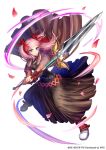 1girl 2018 black_dress blue_eyes boots bow brown_coat closed_mouth coat dress fighting_stance full_body hair_bow holding holding_sword holding_weapon long_hair looking_at_viewer official_art petals phima pink_hair raquel_applegate red_bow serious simple_background solo sword two_side_up weapon white_background wild_arms wild_arms:_million_memories wild_arms_4 