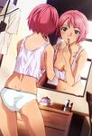  ass back blush breasts cleavage crop_top from_behind holding houjou_kuniko imageboard_sample lingerie lipstick makeup medium_breasts mirror nyantype official_art panties pink_hair purple_eyes reflection school_uniform shangri-la short_hair skindentation tank_top underwear underwear_only white_panties 