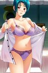  artist_request blue_hair blush bra breasts cleavage game_cg jpeg_artifacts large_breasts lime-iro_ryuukitan_x lingerie naoe_shuro off_shoulder open_clothes open_shirt panties red_eyes shirt short_hair solo thighs underwear undressing 