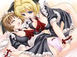  2girls blonde_hair blue_eyes blush breasts brown_hair cleavage cuff_links maid multiple_girls panties short_hair thighhighs underwear yuri 