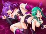  2girls blush breasts demon demon_girl game_cg green_hair happy lingerie multiple_girls pointy_ears purple_hair succubus thighhighs underwear yuri 