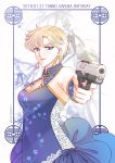 1girl artist_name bangs birthday bishoujo_senshi_sailor_moon blonde_hair blue_border blue_bow blue_dress blue_eyes border bow character_name china_dress chinese_clothes crescent crescent_earrings dated dress earrings fingernails floral_print gun holding holding_gun holding_weapon jewelry koya light_smile looking_at_viewer parted_bangs short_hair smile solo ten&#039;ou_haruka typo upper_body very_short_hair weapon 