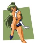  1girl bare_legs bishoujo_senshi_sailor_moon blush breasts elbow_gloves female functionally_nude gloves green_hair lipstick long_hair looking_at_viewer makeup meiou_setsuna nude pubic_hair pussy sailor_pluto shoes sitting skirt smile solo tiara topless uncensored 