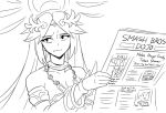  1boy 2girls breast_reduction breasts english eyebrows_visible_through_hair goddess jewelry kid_icarus kid_icarus_uprising kirby kirby_(series) large_breasts long_hair matsu-sensei metroid monochrome multiple_girls necklace newspaper nintendo palutena samus_aran super_smash_bros. tiara zero_suit 