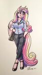  2021 anthro belt bottomwear breasts business_suit clothing colored dandy_(artist) equid equine eyebrows eyelashes feathered_wings feathers female footwear friendship_is_magic fur graphite_(artwork) hair hand_in_pocket hi_res horn inner_ear_fluff long_hair mammal multicolored_hair multicolored_tail my_little_pony pants pencil_(artwork) pink_body pink_fur pockets princess_cadance_(mlp) purple_eyes purse shoes signature solo suit traditional_media_(artwork) tuft winged_unicorn wings 