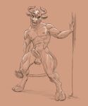  2021 abs anthro athletic athletic_anthro athletic_male balls bodily_fluids bovid bovine digital_media_(artwork) dripping erection european_mythology foreskin fur genital_fluids genitals greek_mythology hi_res hooves horn looking_at_viewer male mammal marsonaut minotaur muscular muscular_anthro muscular_male mythology navel nipples nude pecs penis precum precum_drip pubes signature smile solo standing 