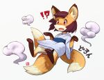  3_tails anthro asian_clothing black_nose blush canid canine clothing cute_fangs east_asian_clothing female fox hair implied_transformation kemono leg_markings looking_down mammal markings mawaru multi_tail open_mouth short_hair simple_background smoke socks_(marking) solo surprise white_background 
