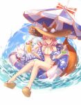  animal_humanoid beverage bikini bracelet breasts breed_of_calamity canid canid_humanoid canine canine_humanoid caster_tamamo-no-mae cath_palug cleavage clothed clothing fate_(series) feet female floatie footwear fox_humanoid fur hair hat headgear headwear humanoid inner_ear_fluff jewelry lancer_tamamo-no-mae mammal mammal_humanoid navel orange_body orange_fur pink_hair platform_footwear platform_sandals sandals shu-artist sitting sky solo straw_hat swimwear tuft under_boob water white_ear_fluff yellow_eyes 