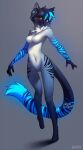 2015 anthro blue_body canid canine canis clothed clothing digital_media_(artwork) domestic_cat falvie felid feline felis female glowing glowing_arms glowing_tail headphones mammal markings red_eyes shaded solo topless tuft wolf 