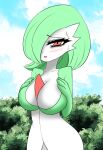  big_breasts bodily_fluids breasts female gardevoir green_hair green_hands hair hi_res humanoid megi nintendo not_furry open_mouth outside pok&eacute;mon pok&eacute;mon_(species) red_eyes solo sweat video_games white_body 