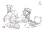  2021 4_toes 5_fingers ailurid ambiguous_gender anthro blep clothed clothing digital_media_(artwork) duo feet female feral fingers fully_clothed headphones kacey legs_up long_tail lying mammal markings meiying monochrome mouse murid murine on_front pawpads paws plantigrade record_player red_panda ring_(marking) ringtail rodent sketch soles tail_markings toes tongue tongue_out vinyl_record 