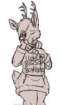  2021 anthro antlers baggy_clothing biped blush cervid clothed clothing digital_media_(artwork) fur grumpy_griffin_creations hair hi_res horn licking licking_lips looking_at_viewer male mammal self_lick simple_background smile solo standing text tongue tongue_out topwear 