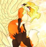  &lt;3 absurd_res angel anthro artist bent_legs big_breasts blonde_hair blush breasts canid canine cassielink claws digital_drawing_(artwork) digital_media_(artwork) digital_painting_(artwork) eyeshadow feathered_wings feathers featureless_breasts female fluffy fluffy_cheeks fluffy_tail fox fur giggle glistening glistening_body glistening_skin hair hands_on_legs hands_on_own_legs hands_on_thighs hi_res laugh legs_together makeup mammal navel nude orange_body orange_fur shy smile solo teeth teeth_showing wings 
