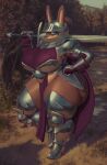  2021 absurd_res anthro armor big_breasts blue_eyes boots bottomwear breastplate breasts brown_nose clothing curvy_figure detailed_background female footwear furgonomics gloves grass hand_on_hip handwear headgear helmet hi_res holding_object holding_sword holding_weapon huge_breasts huge_thighs lagomorph leporid loincloth looking_at_viewer mammal melee_weapon outside patacon pauldron plant plate_armor rabbit slightly_chubby solo sword thick_thighs tree unconvincing_armor voluptuous weapon 