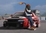  anthro car clothed clothing colorful colorful_background detailed_background full-length_portrait fully_clothed leaning_on_object male nissan nissan_skyline portrait sergal solo syvelldasergal_(lyrusfirewolf) vehicle xussurix 