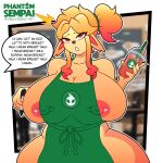  1:1 anthro apron apron_only big_breasts breasts cleavage clothed clothing container cup dialogue english_text facial_piercing female green_apron hair hi_res holding_cup holding_object huge_breasts i_mean_breast_milk mammal meme mostly_nude nipple_piercing nipples nose_piercing phantomsempai piercing septum_piercing solo text wide_hips 