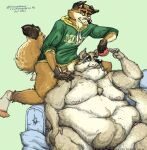 anthro balls belly_overhang body_hair boxers_(clothing) canid canine canis clothing coyote feeding flaccid fox genitals happy_trail hi_res hoodie male male/male mammal moobs obese obese_male overweight overweight_male penis size_difference southernyote topwear underwear 