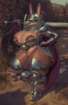  2021 absurd_res anthro areola areola_slip armor big_breasts big_butt blue_eyes boots bottomwear breastplate breasts brown_nose butt cleavage clothed clothing curvy_figure detailed_background female footwear furgonomics gloves grass hand_on_hip handwear headgear helmet hi_res holding_object holding_sword holding_weapon huge_breasts huge_butt huge_hips lagomorph leporid loincloth looking_at_viewer mammal melee_weapon nipple_slip outside patacon pauldron plant plate_armor rabbit slightly_chubby solo standing sword thick_thighs tree unconvincing_armor voluptuous weapon 