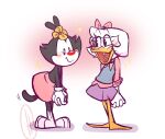  accessory anatid animaniacs anseriform anthro avian bird black_eyes blush blush_lines bottomwear bow_ribbon clasped_hands clothed clothing disney dot_warner duck ducktales duo female female/female flower flower_in_hair gloves hair hair_accessory hair_bow hair_ribbon handwear happy hi_res inkblot interspecies looking_at_another looking_down love partially_clothed plant red_nose ribbons shirt short_hair simple_background skirt smile standing star tail_motion tailwag topwear unknown_artist warner_brothers webby_vanderquack young 