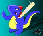  2012 anthro baseball_bat bat_(object) belly blue_body blue_skin female gesture hatchlingbyheart lizard lizola middle_finger reptile scalie solo yellow_belly 