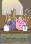  ambiguous_gender autumn bench cider clothing cocoa_(drink) comfy duo falling_leaves feral grass happy_harvey hat headgear headwear hi_res jigglypuff leaf nintendo oddish phone_drawing plant pok&eacute;mon pok&eacute;mon_(species) sitting steam tree video_games 