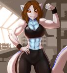  2021 abs anthro breasts brown_hair clothed clothing detailed_background digital_media_(artwork) female fish flexing front_view gym hair hi_res looking_at_viewer marine melodey muscular muscular_female navel non-mammal_breasts shark sharp_teeth solo standing teeth xaenyth 