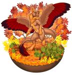  anthro autumn breasts detailed_background feathered_wings feathers feet female fingers hybrid katie_hofgard leaf outside plant solo spread_wings toes watermark wings yellow_eyes 