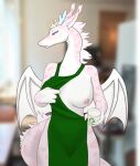  anthro apron blush bodily_fluids breasts clothing container countershade_torso countershading cup dragon female fur green_apron hi_res horn i_mean_breast_milk lactating long_neck membrane_(anatomy) membranous_wings meme milk mostly_nude nipples pink_body reptile scalie solo western_dragon white_body wings xan_(pixiv) 
