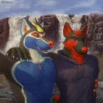  1:1 anthro arm_around_neck black_sclera canid canine canis clothed clothing group hi_res hoodie jewelry looking_at_viewer lyrus_nakina_(lyrusfirewolf) male male/male mammal necklace topless topless_male topwear virtyalfobo waterfall wolf 
