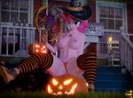  3d_(artwork) anthro anthrofied areola axe blue_eyes breasts building clothed clothing digital_media_(artwork) equid equine female food footwear friendship_is_magic fruit gloves hair halloween halloween_costume handwear hasbro hat headgear headwear hi_res holding_object holding_weapon holidays horse house jack-o&#039;-lantern jewelry legwear long_socks looking_at_viewer mammal melee_weapon my_little_pony necklace nipples nyaasapphire outside pattern_clothing pattern_legwear pattern_stockings pendant pink_hair pinkie_pie_(mlp) plant pony porch pumpkin shoes sitting smile socks solo spread_legs spreading stockings striped_clothing striped_legwear striped_stockings stripes thigh_highs thigh_socks thong topless underwear weapon witch_hat 
