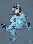  2021 anthro biped black_nose black_pawpads blue_body blue_fur blush bow_tie canid canine canis chest_tuft clothing crossed_legs dipstick_tail domestic_dog elbow_tuft eyebrows floppy_ears fur grey_background hanna-barbera hat headgear headwear hi_res hindpaw huckleberry_hound k-9 leg_tuft male mammal markings mostly_nude mostly_nude_anthro mostly_nude_male pawpads paws pose red_bow_tie shoulder_tuft signature simple_background sitting smile solo straw_in_mouth tail_markings the_huckleberry_hound_show tuft white_body white_fur 