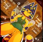  2021 animal_crossing ankh ankha_(animal_crossing) anthro apron apron_only big_breasts blue_body blue_fur blue_hair breasts butt clothed clothing cum.cat dialogue digital_media_(artwork) domestic_cat egyptian english_text felid feline felis female fur genitals green_apron hair hi_res i_mean_breast_milk looking_at_viewer low-angle_view mammal markings meme mostly_nude nintendo nipples pussy simple_background solo striped_markings striped_tail stripes tail_markings text video_games yellow_body yellow_fur 