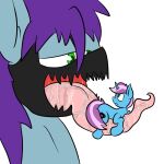  1:1 blue_body bodily_fluids cutie_mark duo equid equine fan_character feral green_eyes gyro_tech happydeadpony hasbro hooves horn male mammal mane mawplay micro my_little_pony on_tongue pink_body quadruped saliva size_difference unicorn unicorn_horn 