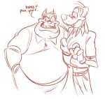  anthro belt bottomwear canid canine canis clothing disney domestic_cat domestic_dog duo english_text felid feline felis freckles gloves goofy_(disney) grabbing_shirt grin hand_in_pocket handwear looking_aside looking_at_another looking_away looking_down male mammal obese overweight pants pete_(disney) pockets shirt sketch smile standing tenderlytony text topwear 