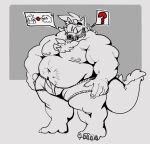 5_fingers 5_toes ? anthro beard bulge clothing dragon facial_hair feet fingers fluffy fluffy_chest fluffy_tail grey_background greyscale hairy hlftonhlfshell hybrid inks male monochrome musclegut muscular muscular_male navel nipple_piercing nipples overweight piercing scalie simple_background solo toes tusks underwear 