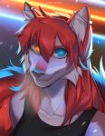  anthro blue_eyes bust_portrait canid canine canis ear_piercing female fur hair heterochromia hi_res inner_ear_fluff legend_of_ahya mammal paper_demon piercing portrait profile_picture red_body red_fur red_hair smile solo taylor_renee_wolford_(darkflamewolf) tuft twilight wolf yellow_eyes 