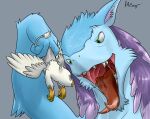  absurd_res alternate_species anthro avian blue_body bodily_fluids der doesnotexist duo green_eyes gryphon gyro_tech hi_res male micro mouth_shot mythological_avian mythology open_mouth pink_body saliva sergal sharp_teeth size_difference teeth 