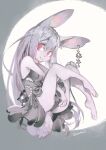  anthro biped black_clothing black_dress clothed clothing dress ear_piercing feet female fur hair hi_res iroikkai lagomorph leporid looking_at_viewer mammal piercing rabbit red_eyes signature silver_hair simple_background solo white_body white_fur 